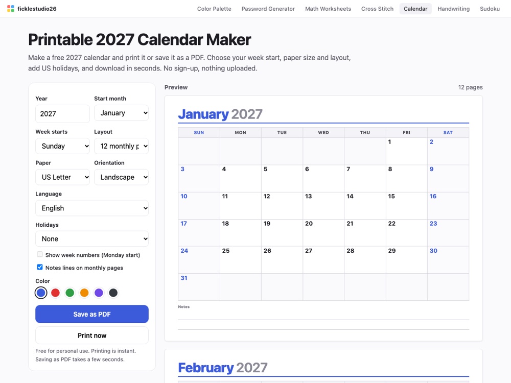 The Printable Calendar Maker with a monthly calendar preview