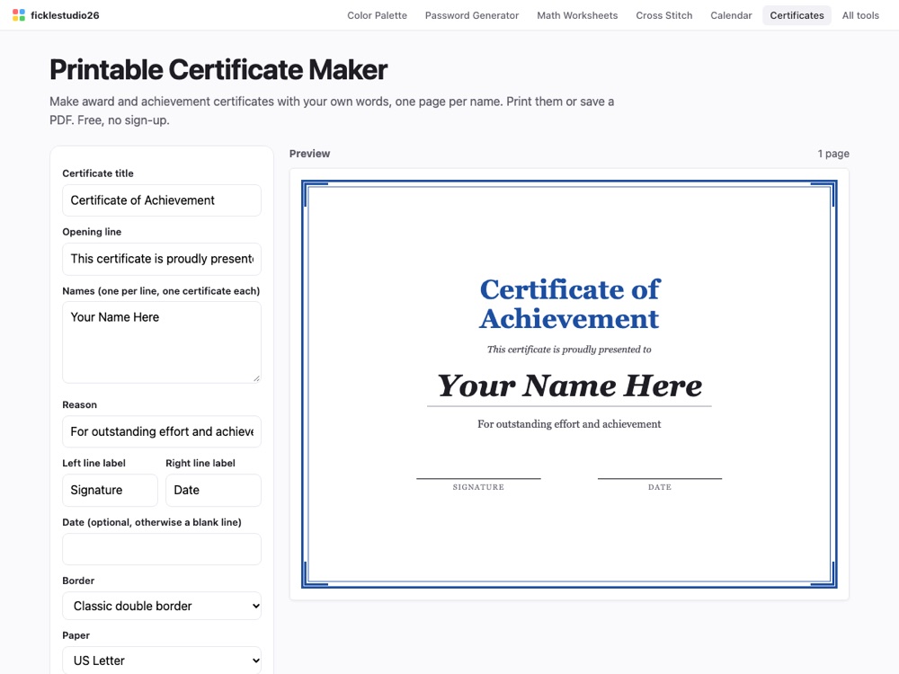A printable certificate of achievement