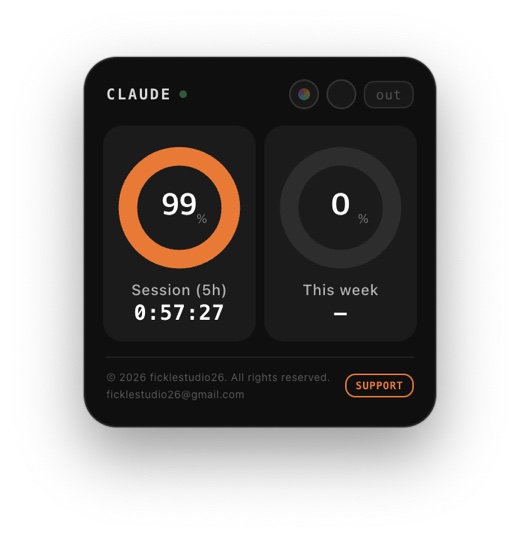 Claude Widget showing session usage at 99 percent and a weekly meter that has just reset