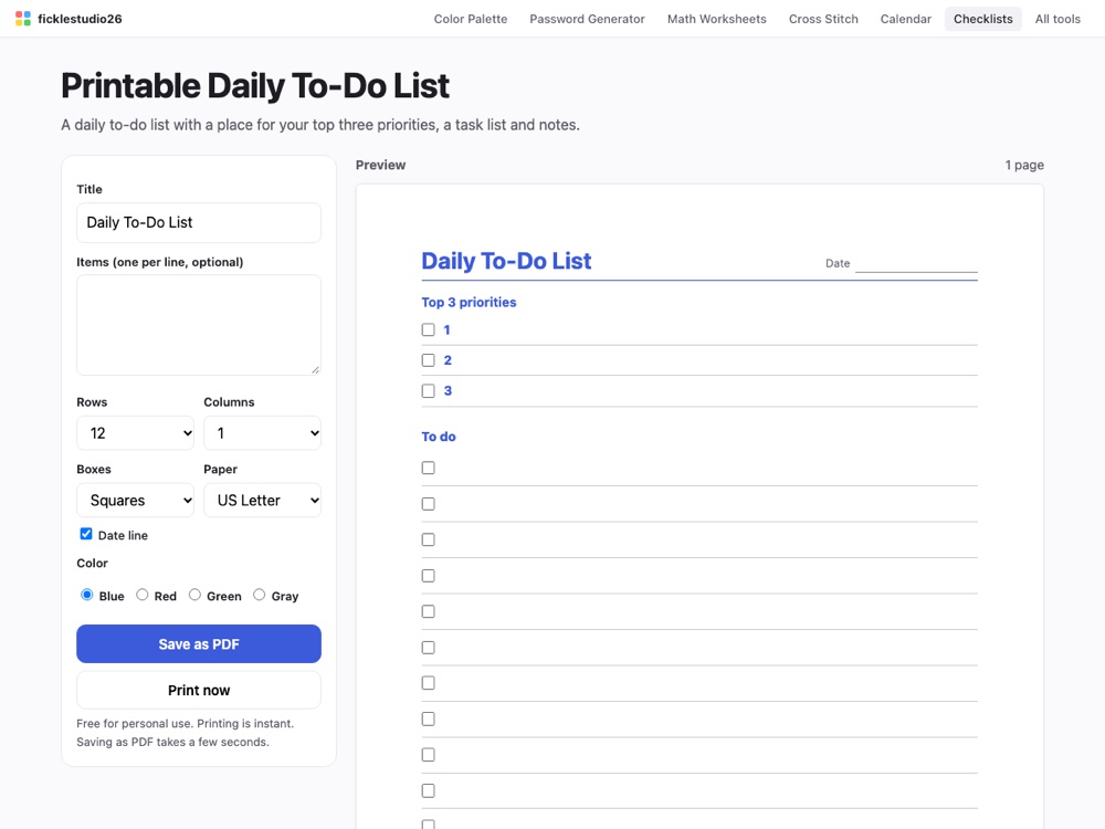 The Printable Daily To-Do List maker with a checklist preview and options for title, items and color
