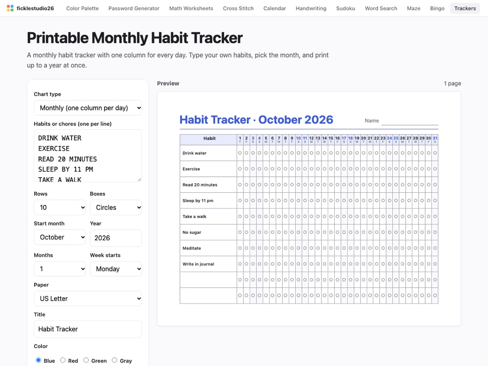 A printable monthly habit tracker